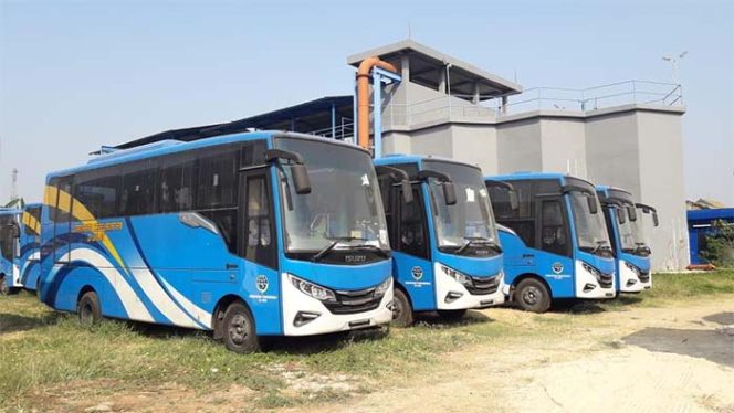 
					20 Bus berwarna biru-putih dan satu bus sekolah berwarna kuning itu nampak sangat kusam dan dipenuhi debu.